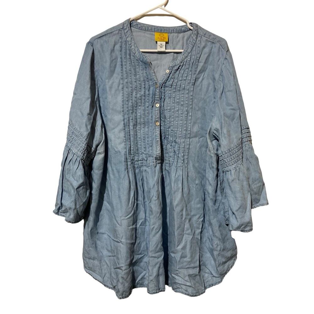 Ruby Rd. Woman Shirt Womens 1X 1/2 Sleeve Light Blue‎ Ruffled Jean Top